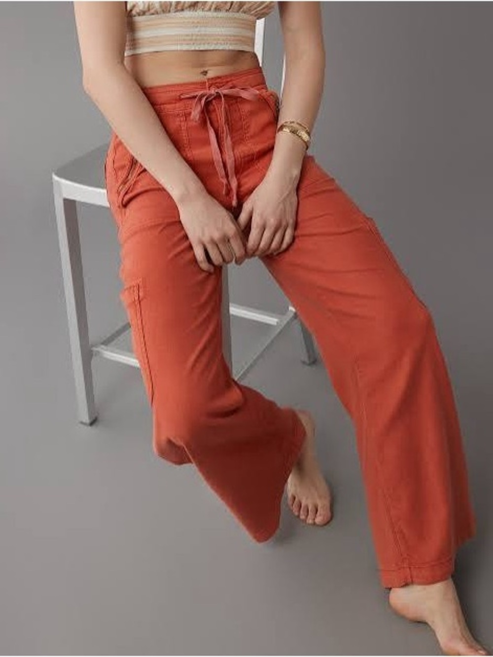 AE Dreamy Drape Linen-Blend Baggy Wide-Leg Cargo Pant